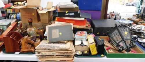 Games, to include Escalado, The Harbingers, bygone newspapers, decanter decorated with paper map...