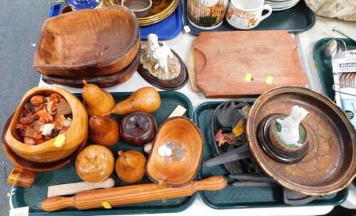 Treen, to include carved bowls, fruit, rolling pin, a cast iron Please Keep Off the Grass sign,...