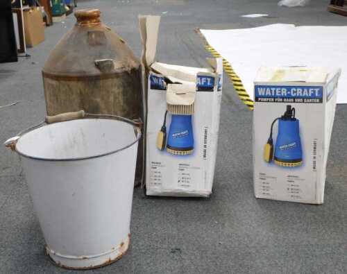 Two Watercraft domestic pumps, boxed, together with a blue and white enamel bucket, and a...