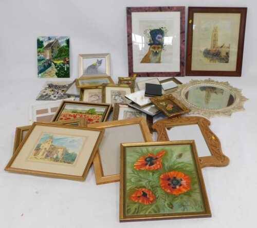 Pictures, prints, mirrors, etc., to include empty picture frames, floral still lives, a stained...