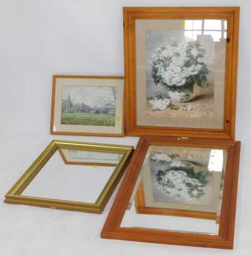A pine framed wall mirror, together with pictures and prints, to include floral still life, etc....
