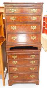 A pair of 20thC walnut finish narrow chests, of four long drawers, each with a brushing slide,...