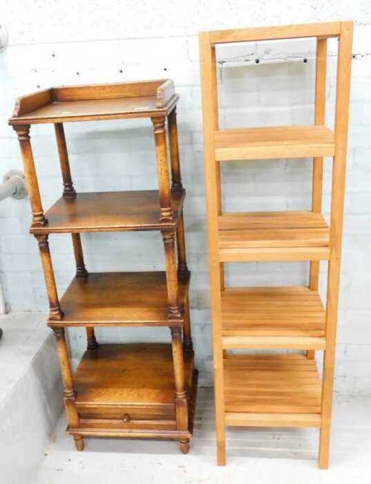 A 20thC oak whatnot, with three part galleried top raised above four sections with drawer...