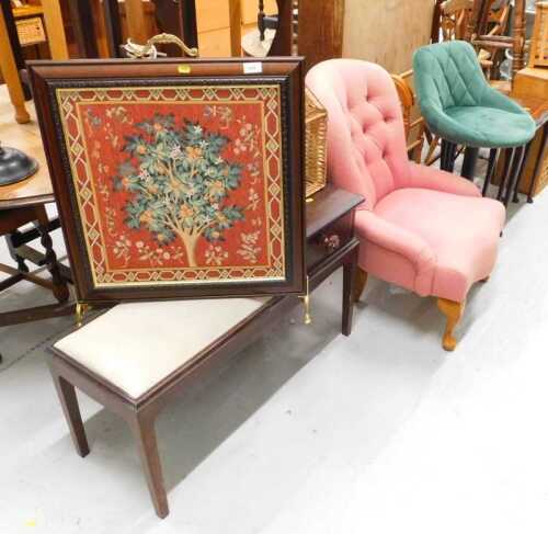 Various furniture, a Stag telephone table, various other furniture, open chair, wicker ware,...