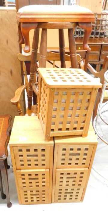 Various beech storage furniture, elm style stool, comb top chair, overstuffed stool, etc. (a...