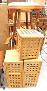 Various beech storage furniture, elm style stool, comb top chair, overstuffed stool, etc. (a...