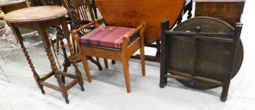 Various furniture, Eastern brass table on removable stand, stool, oval oak stand, and a plant...