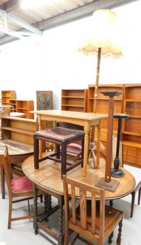 Various furniture, standard lamp and shade, smoker's stand, side table, 19thC stool, oak dining...