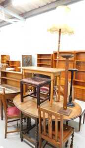 Various furniture, standard lamp and shade, smoker's stand, side table, 19thC stool, oak dining...