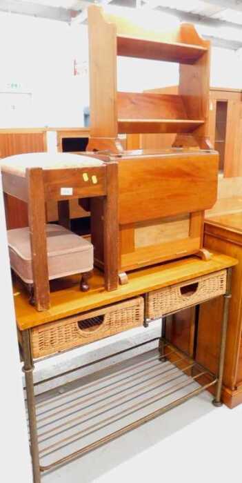 Various furniture, kitchen side cabinet, stool, overstuffed stool, bookcase, drop leaf table....