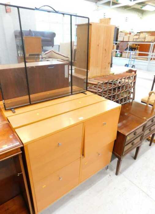 Various furniture, etc., spark guard, beech shoe rack, pair of bedside cabinets, wine rack, etc....