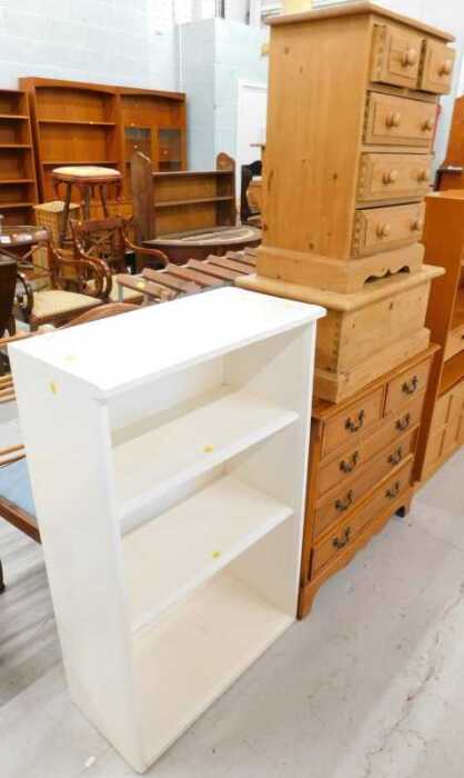 Various furniture, miniature pine chest of two short and three long drawers, small coffer, yew...