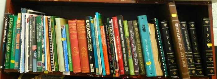 Withdrawn pre-sale by vendor. Various books, mainly non fiction, cars, automobilia, etc., Railway Wonders of the World, Chequered Flag, etc. (1 shelf)