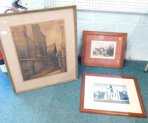 Various engravings, etching, street scene, etc. (3)