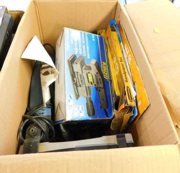 Various tools, heavy duty items, Kinzo 135 watt sander, partially boxed, etc. (1 box)