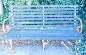 A slatted garden bench with iron scroll ends and feet.