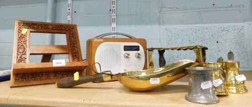A heavily carved frame, various brassware, pans, Pure radio, trivet, shovel, etc. (a quantity)