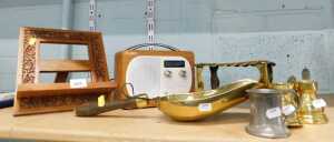 A heavily carved frame, various brassware, pans, Pure radio, trivet, shovel, etc. (a quantity)