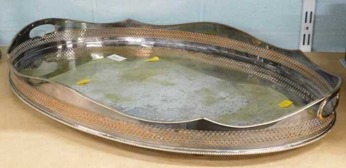 A galleried edge silver plated tray. (AF)