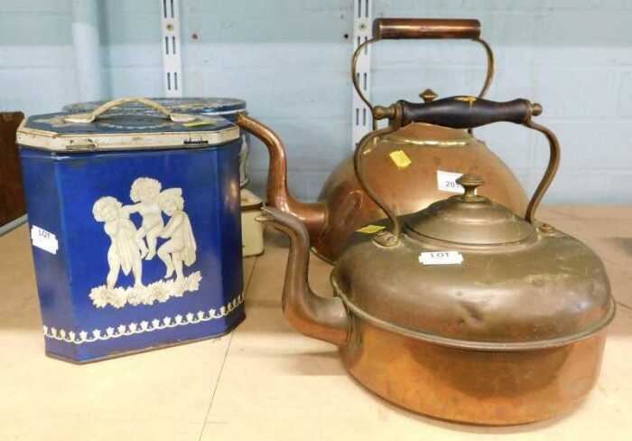 Various copperware, metalware, metal tins, Jasperware style by Huntley and Palmer, Aga style...