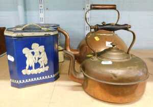 Various copperware, metalware, metal tins, Jasperware style by Huntley and Palmer, Aga style...