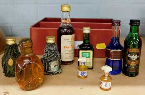 A bottle of miniature Pimms No. 1 cup, various other miniature bottles, Glenfiddich whisky, etc....
