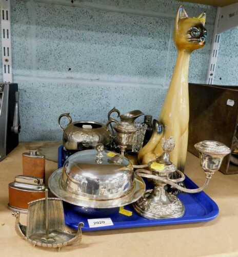 A Jema Dutch pottery cat, various silver plated vase, hip flask, brassware, lidded muffin dish,...