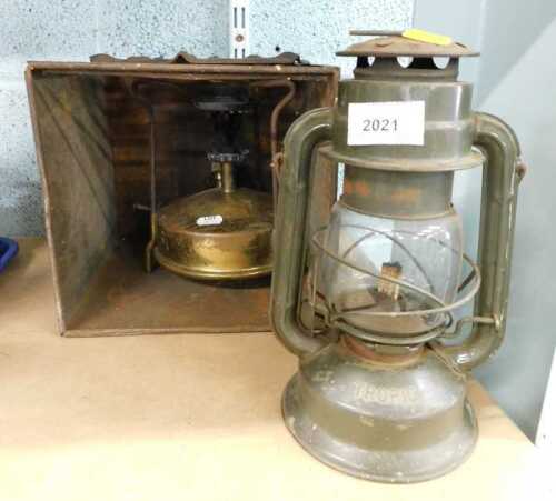 Various metalware, Tilley lamp, etc.