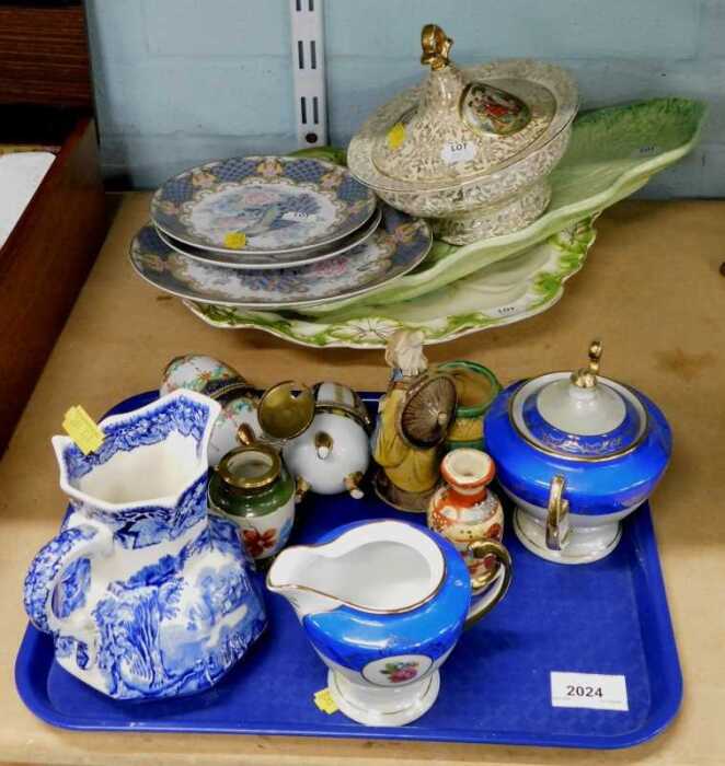Various pottery and effects, blue and white jug, Oriental china, ceramic egg ornaments,...
