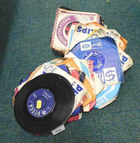 Various 45rpm records, popular music, Chris Andrews, Yesterday Man, etc., some in outer covers....