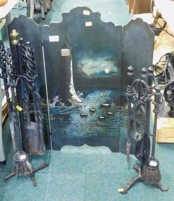 A metal fireside companion set, and a two fold screen.