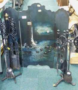 A metal fireside companion set, and a two fold screen.