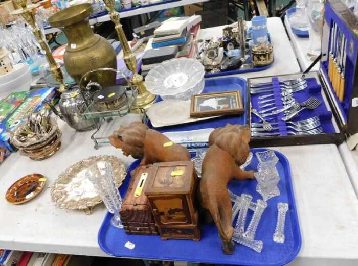 Various metalware, brassware, etc., pair of candlesticks, Eastern brass vase, silver plated ware,...