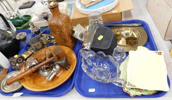 Various china and effects, treen owls, owl ornament, silver plated ware, brassware, recipe books,...