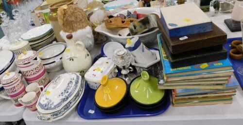 Various pottery, china and effects, two coloured stoneware jar, tureen, cafe kitchen storage jar,...