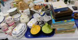 Various pottery, china and effects, two coloured stoneware jar, tureen, cafe kitchen storage jar,...