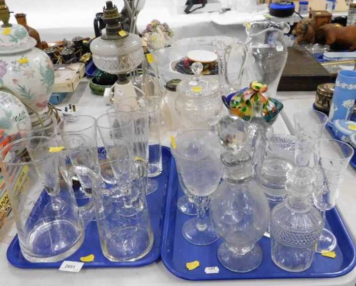 Various glassware, jugs, drinking glasses, dishes, Nailsea style and other glassware, lidded...