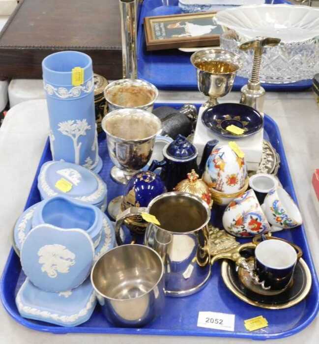 Various pottery, glassware, silver platedware and effects, ceramic egg ornaments, Wedgwood blue...