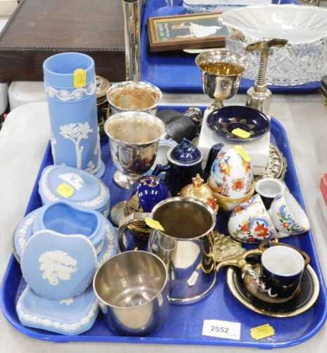 Various pottery, glassware, silver platedware and effects, ceramic egg ornaments, Wedgwood blue...
