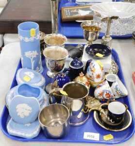 Various pottery, glassware, silver platedware and effects, ceramic egg ornaments, Wedgwood blue...