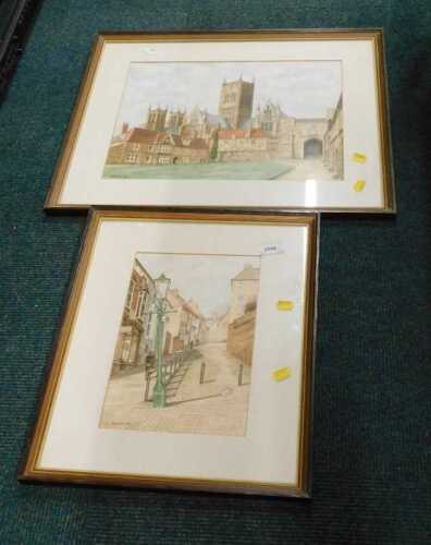 F Lightfoot (20thC). Lincoln Steep Hill, watercolour, and another, Lincoln Cathedral. (2)