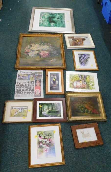 Various prints, pictures, frames, still life print, decorative frame containing vase of flowers,...