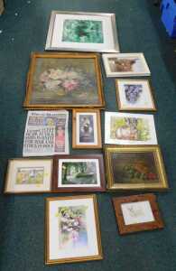 Various prints, pictures, frames, still life print, decorative frame containing vase of flowers,...