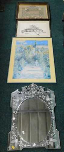 Various pictures, prints, frames, etc., a sampler with Noah's Ark, etc. (a quantity)