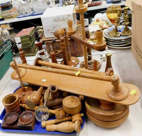 Various treen, unusual stick telephone wooden model, table lamps, bowls, vases, etc. (a quantity)