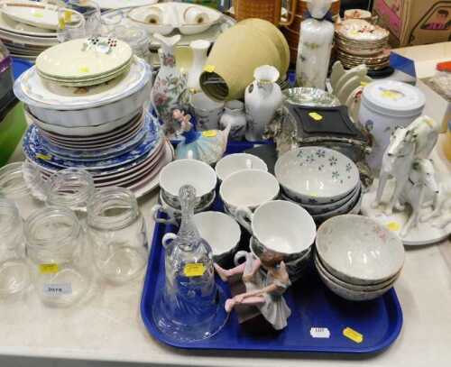 Various ceramics, china, glassware, jam jars, glass bell, dog figures, duck tin, Aynsley...
