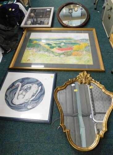 Embroidery, pictures, prints, frames, wall cabinet, etc. (a quantity)