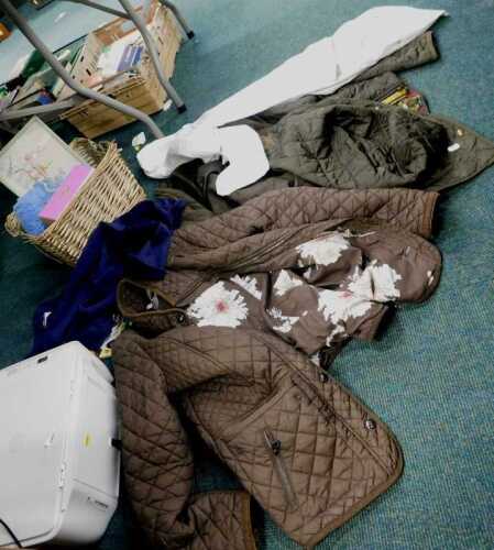 A HP printer, a lady's Joules jacket, probably medium, further jackets, Boats canvas jacket, a...