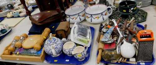 A decorative stool, hanging shade, pair of chamber pots, Sony Walkman, leather, various plated...
