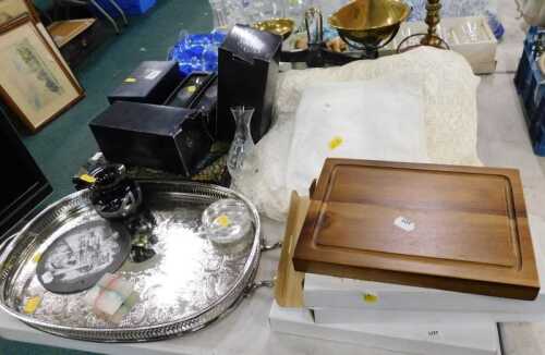 Various decorative items and effects, brass and iron table scale, table lamp, a quantity of...